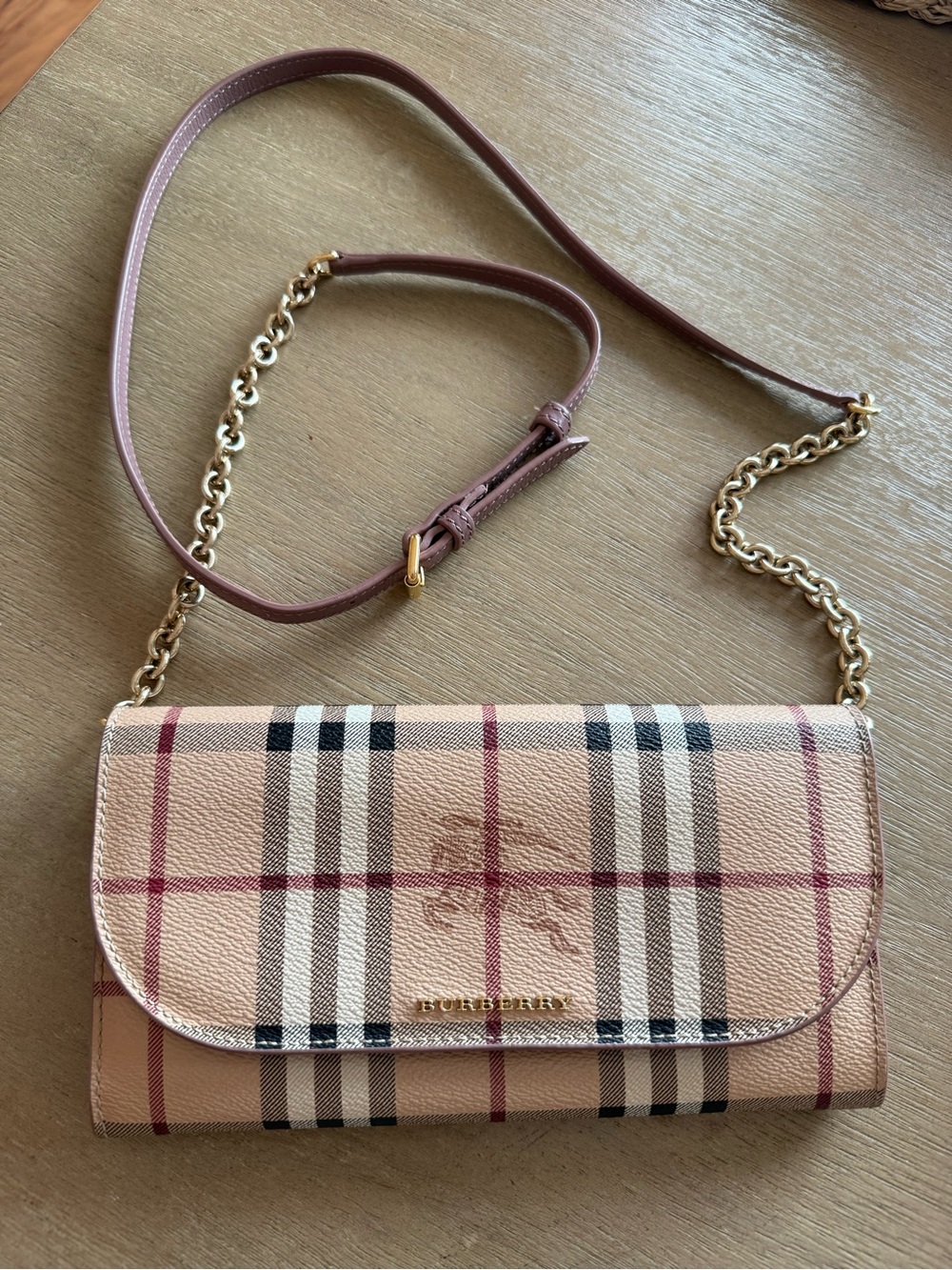 Burberry Pink Beige Vintage Check Crossbody Wallet with Gold Chain